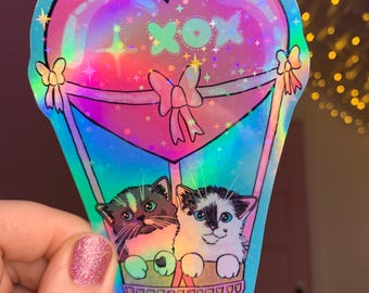 Jumbo Holographic Sticker Kittens in Heart Air Balloon