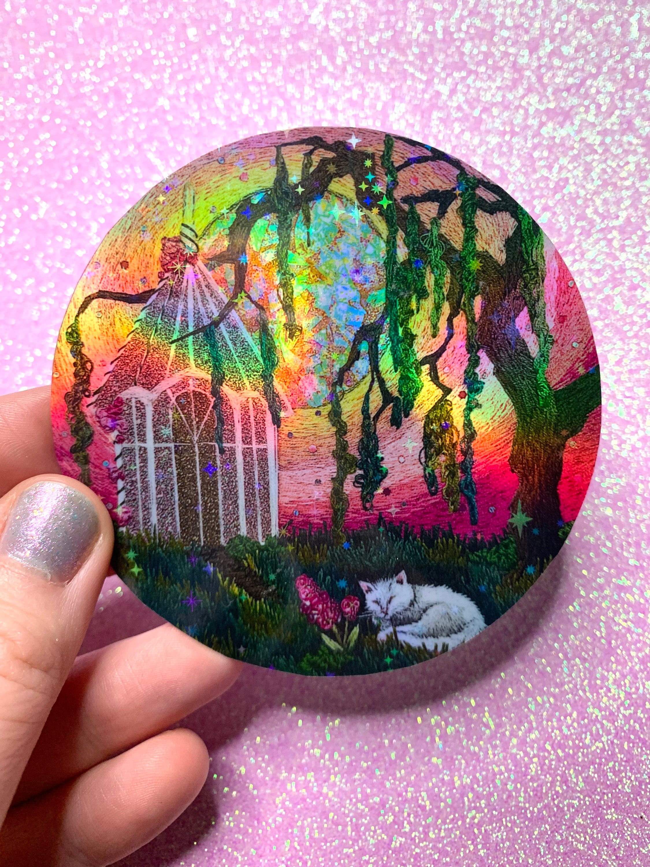 Rainbow Holographic 3.5” Snoozing Kitty Sticker HANDCUT STICKER
