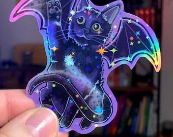 Rainbow Holographic 3” Bat Kitty Sticker HANDCUT STICKER
