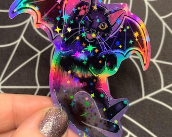 Rainbow 3” Winking Bat Kitty Sticker HANDCUT