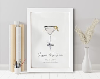 Vesper Martini cocktail recipe print | Vesper Martini cocktail | Watercolour Martini | For her | Birthday | Birthday Gift | Letterbox Gift