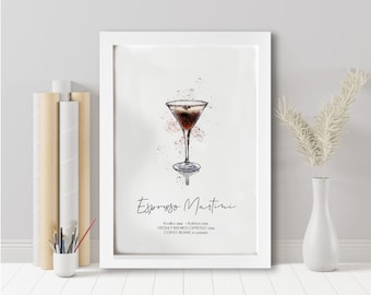 Espresso Martini Recipe Print: Watercolor Cocktail Wall Art