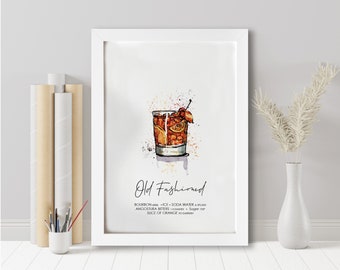 Old Fashioned cocktail recipe print. Old Fashioned cocktail. Cocktail lover. Cocktail lover gift. Cocktail wall art.