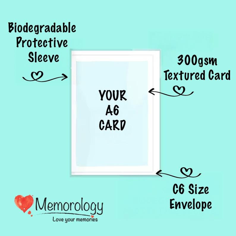 Puede incluir: Una tarjeta blanca A6 con el texto "YOUR A6 CARD" impreso en ella. La tarjeta se muestra dentro de una funda protectora biodegradable transparente y un sobre blanco C6. La tarjeta est&aacute; hecha de cartulina texturizada de 300 g/m&sup2;.