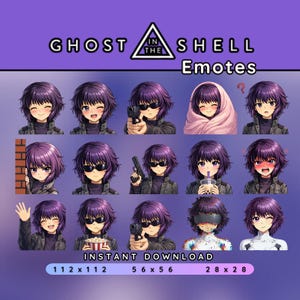 以下が含まれることがあります： 紫色の髪と様々な表情を持つキャラクターが登場する、アニメスタイルの絵文字のコレクション。絵文字には、銃を持っている、サングラスをかけている、毛布に包まれているキャラクターが含まれています。画像には「GHOST IN THE SHELL Emotes」と「INSTANT DOWNLOAD」と書かれています。