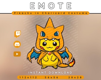 Pikachu in Charizard Costume Emote Pack | Twitch Discord YouTube | PNG Instant Download