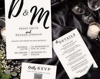 Black Tie Wedding Invitation Template Set | Elegant Modern Minimalist Canva Invite Bundle | Editable Printable Invite Details RSVP Card