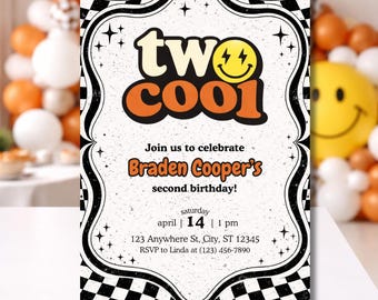 2nd Birthday Invitation Boy Editable Canva | Two Cool Birthday Party Invite | Retro Checkerboard Birthday | Smiley Face Theme Invite