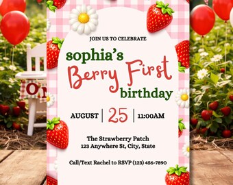 Berry First Birthday Invitation Template | Strawberry First Birthday Party Invite | Berry Sweet 1st Birthday | Strawberry Picnic Invite