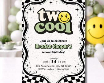 Two Cool Birthday Invitation Boy Editable Canva | 2nd Birthday Party Invite | Green Retro Checkerboard Birthday | Smiley Face Theme