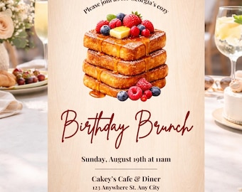 Birthday Brunch Invitation Template Editable Canva | Adult Brunch Party Invite | French Toast Brunch Invitation | Breakfast Birthday Invite