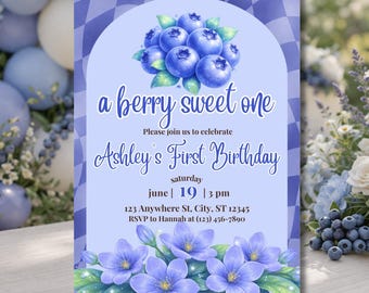 Berry Sweet One Birthday Invitation | Blueberry First Birthday Invite Girl | Berry Sweet Party Theme Invite | 1st Birthday Canva Template