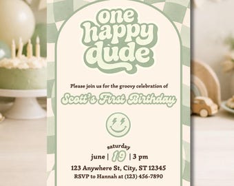 One Happy Dude Birthday Invitation | First Birthday Boy Invite | Groovy 1st Birthday Party | Retro Green Kids Birthday Canva Template