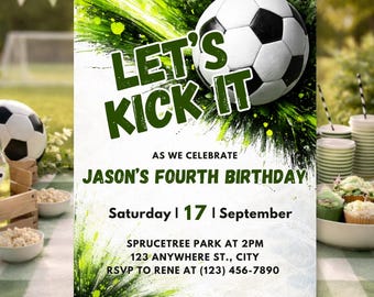 Soccer Birthday Invitation Boy, Soccer Party Invite, Sports Birthday Invitation Template, Kids Editable Canva Invite Download