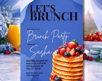 Let’s Brunch Invitation Template | Blue Brunch Party Invite | Pancake Breakfast Party | Bridal Brunch Invite | Editable Canva Template