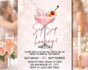 Sip Sip Hooray Bridal Shower Invitation | Pink Cocktail Party Invite | Bachelorette Party | Girls Night Invite | Editable Canva Template