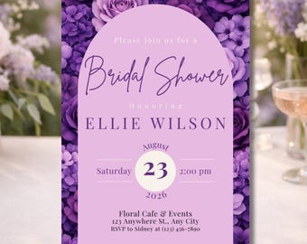 Purple Floral Bridal Shower Invitation | Editable Template | Elegant Garden Bridal Shower Invite | Romantic Wedding Shower Canva Template