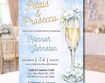 Petals and Prosecco Bridal Shower Invitation | Something Blue Bridal Shower Invite | Champagne Bridal Shower Template | Floral Bridal Shower