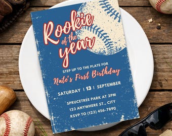 Rookie of the Year Birthday Invitation | Baseball First Birthday Invite Boy | All Star Sports Invite | 1st Birthday Canva Template Editable