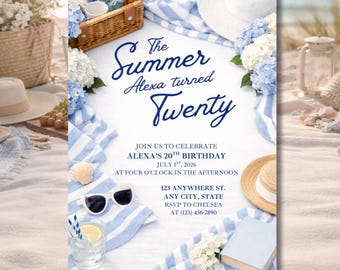 The Summer I Turned Birthday Invitation Template Editable Canva | Summer Birthday Party Invite | Coastal Blue Birthday Invite
