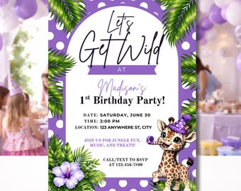 Wild One Birthday Invitation | Giraffe 1st Birthday Invite | Purple Safari Party | Jungle Animal Birthday | Canva Template