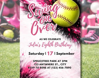 Softball Birthday Invitation Girl, Softball Party Invite, Pink Sports Birthday Invitation, Kids Birthday Invite, Editable Canva Template