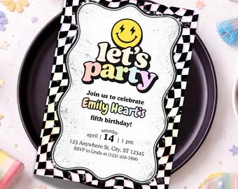 Lets Party Birthday Invitation | Pastel Rainbow Retro Birthday Invite | Groovy Smiley Face Party | Checkerboard Girl Birthday Canva Template