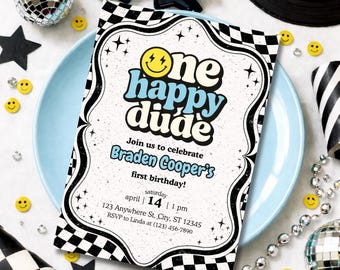 One Happy Dude Birthday Invitation | Blue Retro Smiley 1st Birthday Invite | Groovy Checkerboard Boy Party | Cool Boy Canva Template