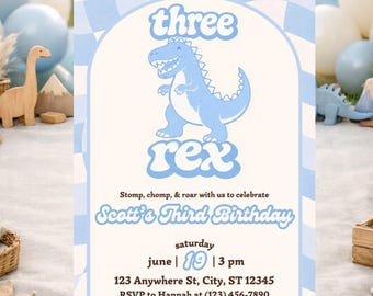 Dinosaur Birthday Invitation Template Editable Canva | 3rd Birthday Boy Invite | Three Rex Party Invite | Blue Dino Birthday Invitation