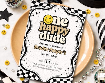 One Happy Dude Birthday Invitation | Neutral Groovy 1st Birthday Invite | Retro Smiley Face Checkerboard Party | Canva Editable Template