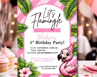 Flamingo Birthday Invitation Template | Let’s Flamingle Birthday Invite | Tropical Party Invite | Girl 1st Birthday Editable Canva Template