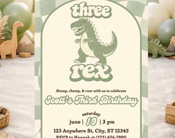 Dinosaur Birthday Invitation Template Editable Canva | 3rd Birthday Boy Invite | Three Rex Birthday Party | Kids Dino Party Invite