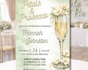 Petals and Prosecco Bridal Shower Invitation | Garden Bridal Shower Invite | Champagne Bridal Brunch Template | Floral Editable Canva Invite