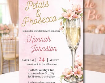 Petals and Prosecco Bridal Shower Invitation | Champagne Bridal Shower Invite | Blush Floral Bridal Shower Template | Editable Canva Invite