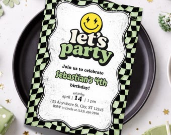 Lets Party Birthday Invitation | Retro Smiley Face Birthday Invite | Groovy Checkerboard Boy Party | Green 4th Birthday Canva Template