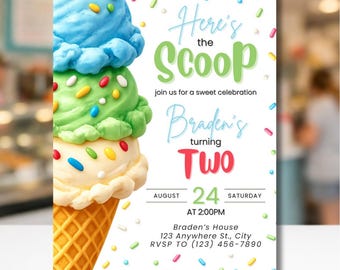 Here’s the Scoop Ice Cream Birthday Invitation Template | Ice Cream Party Invitation | Two Sweet Birthday | Digital Canva Editable Invite