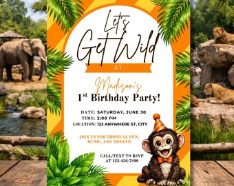 Let’s Get Wild Birthday Invitation | Monkey 1st Birthday Invite | Jungle Safari Party | Orange Wild One Birthday | Canva Template