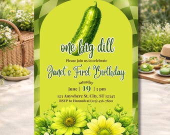 One Big Dill Birthday Invitation Girl | Pickle First Birthday Invite Funny Green Party Theme | Girl 1st Birthday Canva Template Editable