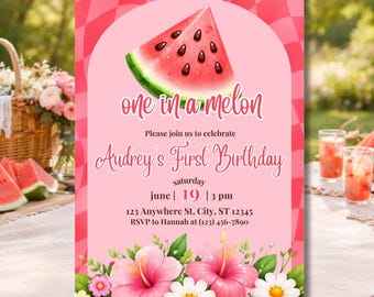Faire-part d'anniversaire « One in a melon » | Invitation premier anniversaire pastèque | Invitation à thème fête fruitée d'été | Modèle de toile pour 1er anniversaire