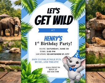 Party Animal Birthday Invitation | Elephant 1st Birthday Invite | Jungle Safari Birthday Boy | Blue Animal Party Invite | Canva Template