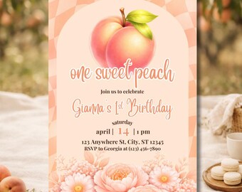 One Sweet Peach Birthday Invitation | Peach 1st Birthday Girl Invite | Sweet Peach Party Theme | Summer Baby Girl Floral Canva Template