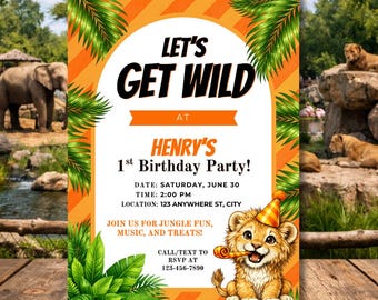 Jungle Birthday Invitation Template | Wild One Birthday Invite | Safari Birthday Party Invite | Editable Canva Lion Birthday Invite