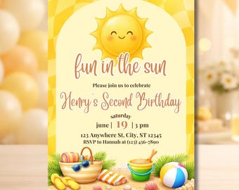 Fun in the Sun Birthday Invitation | Summer Birthday Invite Boy | Beach Theme Kids Party Invite | Sun Birthday Canva Template Editable