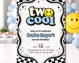 Two Cool Birthday Invitation Editable Canva | 2nd Birthday Boy Invite | Retro Checkerboard Birthday Party | Lightning Smiley Theme