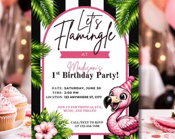 Let’s Flamingle Birthday Invitation | Flamingo 1st Birthday Invite | Tropical Girl Birthday Party | Pink Flamingo Party | Canva Template