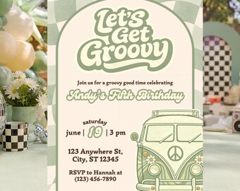 Groovy Birthday Invitation Template Editable Canva | Retro Birthday Party Invite Boy | Hippie 70s Party | Kids Birthday Invite