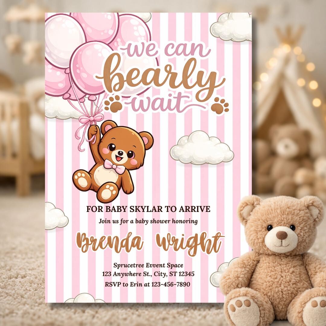 Pink Teddy Bear Baby Shower Invitation | We Can Bearly Wait Baby Shower ...