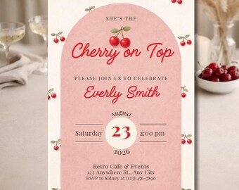 Cherry on Top Birthday Invitation | Editable Canva Template | Retro Cherry Birthday Party Invite | Cute Girly Birthday Invite Coquette Theme