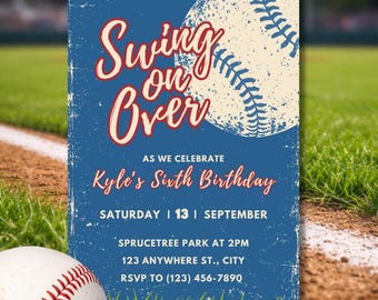 Swing on Over Baseball Birthday Invitation | Home Run Party Invite | Softball Birthday Invitation | Sports Editable Canva Digital Template