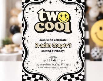 Retro 2nd Birthday Invitation Boy Editable Canva | Two Cool Birthday Party Invite | Neutral Birthday Theme | Checkerboard Party